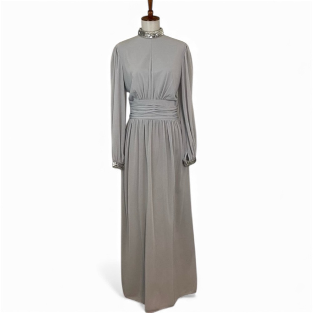Vintage 60s Gray Maxi Dress S‎ Sequins Retro Glam Old Hollywood Gothic Romance